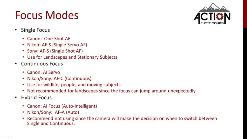 Auto Focus Modes Single Continuous Hybrid