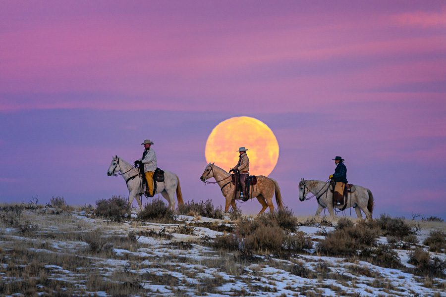 Horses and Riders in front of the full moon