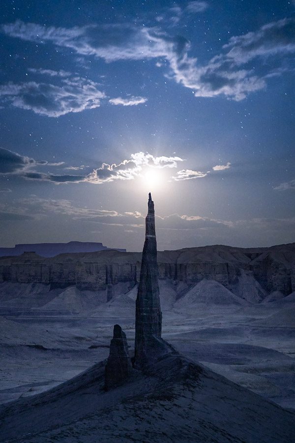 Spire Lit by Moon Utah Badlands David Swindler Action Photo Tours